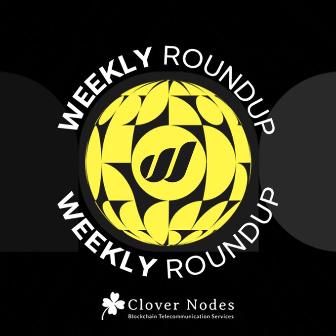 A graphic reading "Weekly Roundup" arches around a yellow globe-like emblem, branded below with the "Clover Nodes - Blockchain Telecommunication Services" clover logo. It serves as the header for a Friday recap highlighting key developments, launches, and milestones across the World Mobile ecosystem.