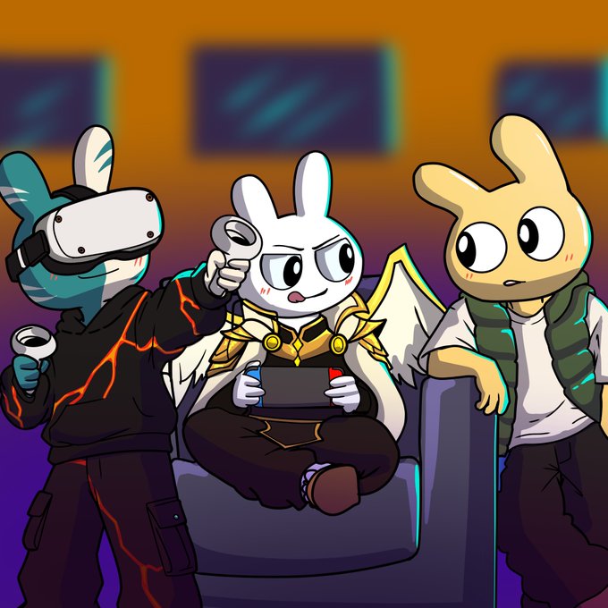 Three anthropomorphic rabbit characters are depicted in a gaming setup: one wearing a VR headset and holding a controller, a central white rabbit with wings and a halo holding a tablet, and a yellow rabbit with large eyes leaning on a couch. The image ties into the post's announcement of a free mint collaboration on Robinhood Chain, with the winged "guardian" rabbit symbolically representing the secured allocation given to the community.
