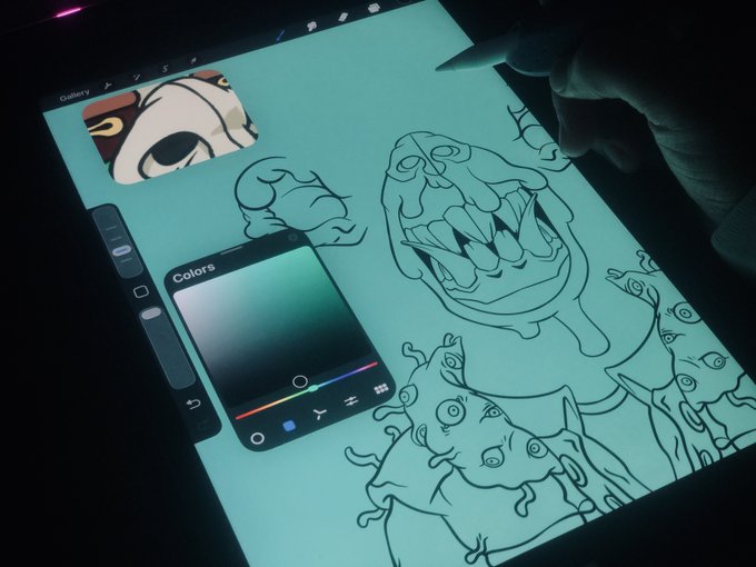 A digital drawing tablet screen displays an illustration of melting creatures in a turquoise tone, with the Procreate color picker and gallery open.