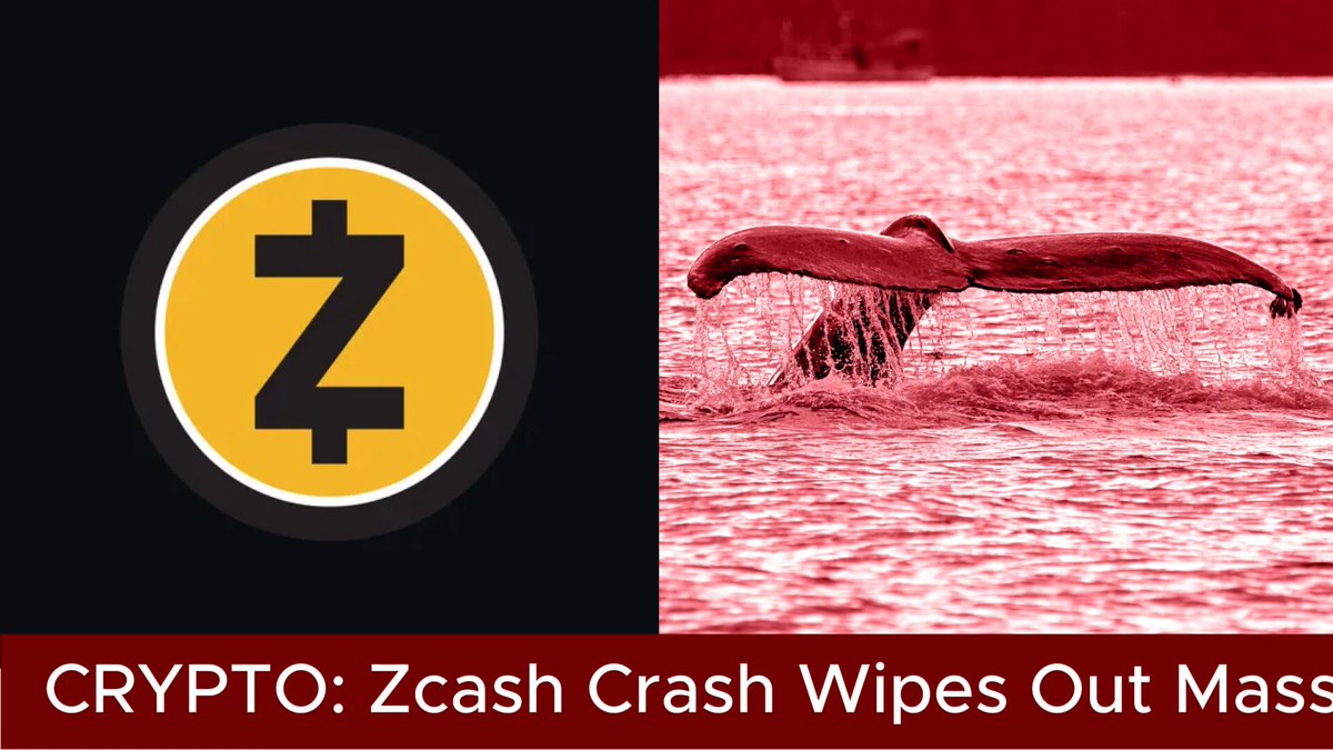 The image shows a large whale with its tail flapping, swimming in the ocean near the shoreline. In the background of the image, there are two logos - one for Bitcoin and another for Zcash. The Bitcoin logo has a yellow circle with a dollar sign inside it, while the Zcash logo is a black circle with a white "Z" on top. The text at the bottom of the image reads: "CRYPT! ZASH CRASH WIPES OUT MASS".