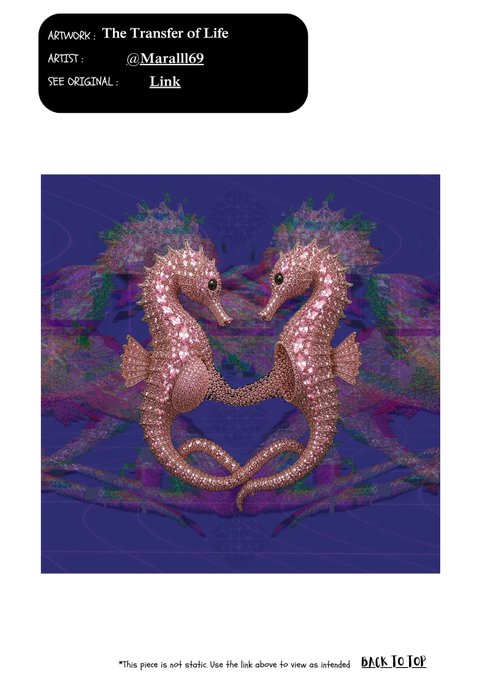 A digital artwork titled 'The Transfer of Life' by @Maralil69, featuring two symmetrical seahorse-like creatures with pink sparkly textures on a dark blue background.