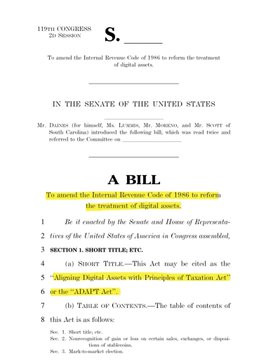 A document showing U.S. Senate bill text titled 'A BILL' to amend the Internal Revenue Code of 1946, with a section highlighted about 'Aligning Digital Assets with Principles of Taxation Set Forth in the ADAPT Act'.