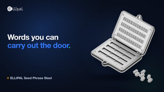 The image shows a promotional graphic for the ELLIPAL Seed Phrase Steel, a metal backup device designed for securely storing cryptocurrency wallet recovery phrases. The tagline reads "Words you can carry out the door," highlighting the product's portability for taking seed phrases with you safely.

The image ties directly to the post by illustrating one of the more traditional and resilient backup approaches: a physical, offline storage method. While the post discusses various modern wallet backup strategies (shares, passkeys, partial copies), the ELLIPAL Steel represents the classic solution of writing your seed phrase onto a durable metal plate that can physically be carried with you—a tangible way to ensure your recovery words remain accessible and protected wherever you go.