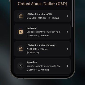 A smartphone screen displays deposit methods for 'United States Dollar (USD)', listing options including USD bank transfer (ACH), Cash App, USD bank transfer (Fedwire), and Apple Pay with their respective fees and processing times.