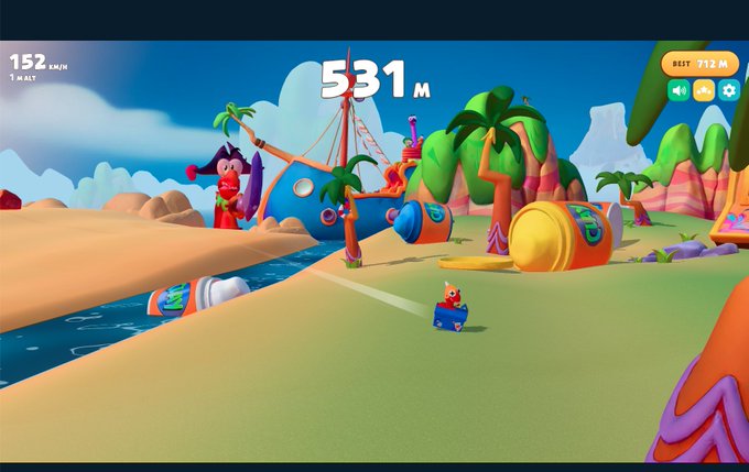 A screenshot of a 3D mobile game shows a character driving a small blue cart through a colorful tropical island environment with a score of 531m displayed at the top.