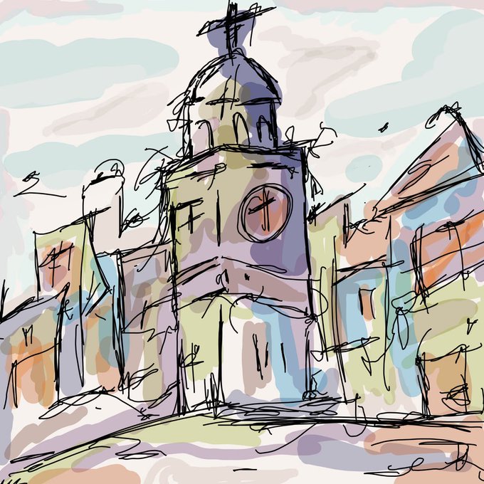 A colorful, sketch-style digital illustration of a town scene featuring a prominent clock tower with a domed roof surrounded by other buildings.