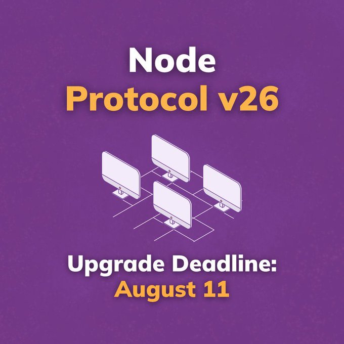 A purple promotional graphic announcing 'Node Protocol v26' with an illustration of four connected computer monitors and an 'Upgrade Deadline: August 11' message.