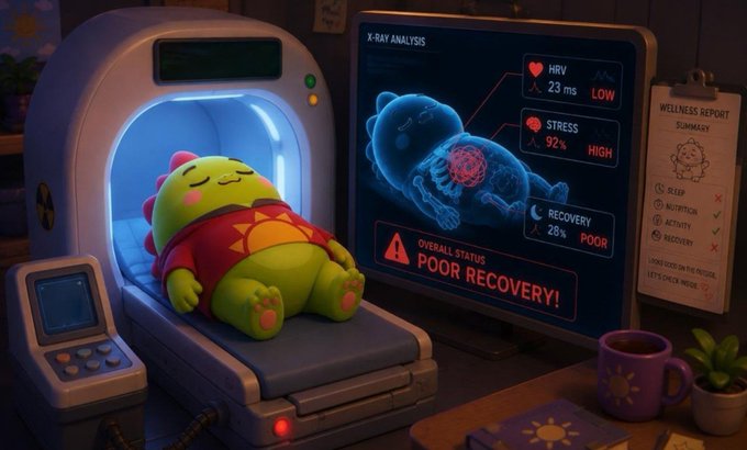 A 3D-rendered scene showing a chubby green dinosaur character lying in an MRI/X-ray machine, with a monitor displaying 'POOR RECOVERY!' and metrics for HRV, STRESS, and RECOVERY, alongside a wellness report clipboard.