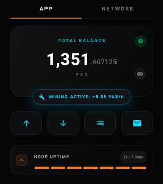 A mobile app dashboard showing a total balance of 1,351.607125 PAX, indicating 'MINING ACTIVE: +8.55 PAX/h', and a node uptime tracker showing 11/7 days.