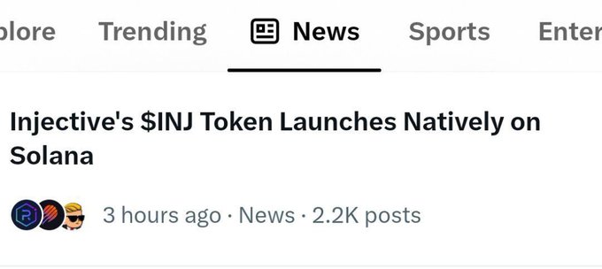 A news headline reading 'Injective's $INJ Token Launches Natively on Solana' with 2.2K posts from 3 hours ago, displayed on a social media 'News' tab.