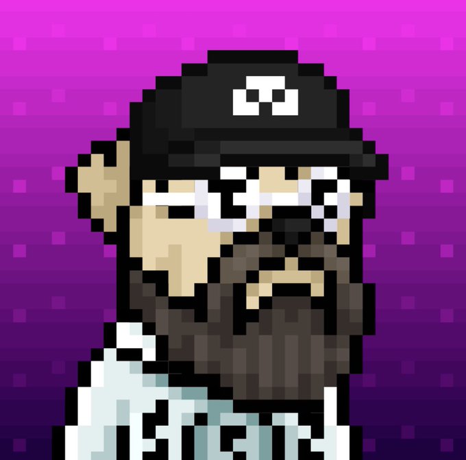 A pixel art portrait of a bearded man wearing a black cap with a skull logo and white pixelated sunglasses against a magenta background.