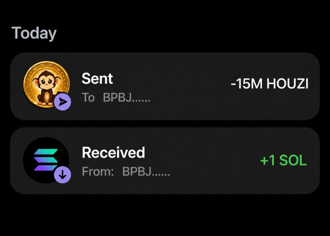 A crypto transaction history screenshot showing 15M HOUZI sent to BPBJ and 1 SOL received from BPBJ today.