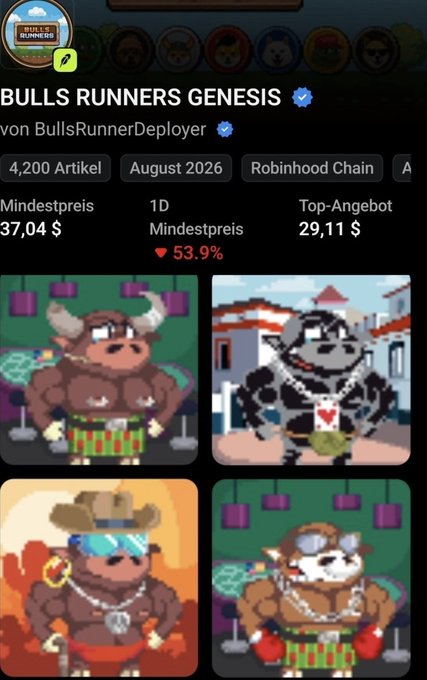 The image shows a listing for "BULLS RUNNERS GENESIS" NFTs on Robinhood Chain, with a floor price of $37.04, down 53.9%, and a top offer of $29.11. The post describes someone who is down $300 on these NFTs after buying at higher prices around $55, now holding 8 total and debating whether to sell at a loss or hold for a recovery.