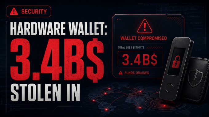 A security warning graphic with bold red text announcing 'HARDWARE WALLET: 3.4B$ STOLEN IN' showing a compromised wallet alert with total loss estimate of 3.4B dollars and funds drained.