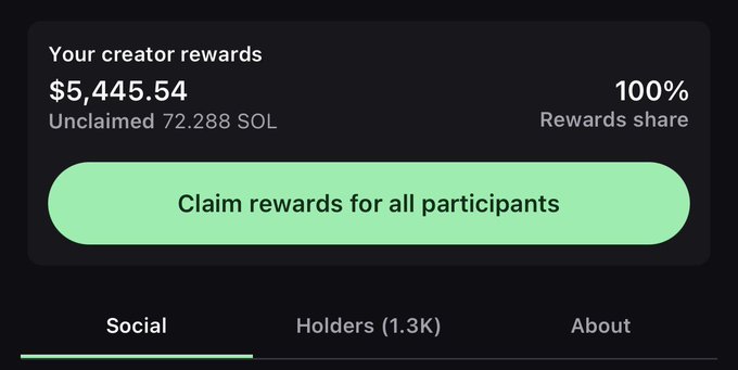 A screenshot shows unclaimed creator rewards of $5,445.54 (72.288 SOL) at 100% rewards share with a "Claim rewards for all participants" button, directly illustrating the post about Pigeon creator fees that remain uncollected.