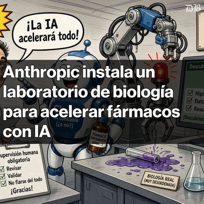 A cartoon illustration of a friendly robot in a lab is overlaid with Spanish text: 'Anthropic instala un laboratorio de biología para acelerar fármacos con IA'.