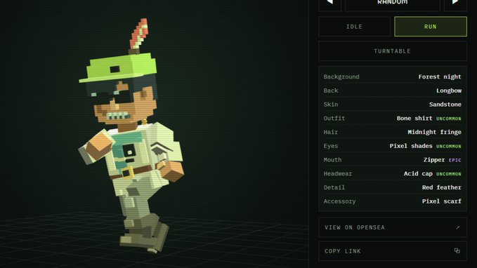 A screenshot of a voxel-style character customization screen showing a pixelated figure wearing a green cap and bone shirt, with a menu listing attributes including Background: Forest night, Back: Longbow, Skin: Sandstone, and various other equipment options.