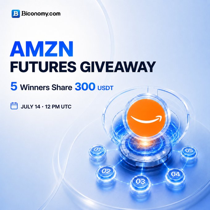 A promotional graphic from Biconomy.com advertising an AMZN Futures Giveaway where 5 winners share 300 USDT on July 14 at 12 PM UTC, featuring the Amazon logo at the center of a glowing circular platform with numbered slots (01-05) representing the prize positions.