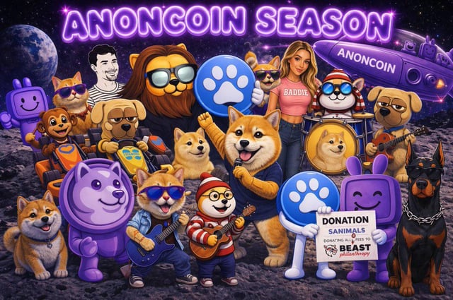 The image features a group of cartoon dogs wearing sunglasses and holding signs that say "Donation Sanifals Beast" and "Anoncoin Season". The dogs are standing together against a backdrop of a purple planet, with some of them appearing to be on a spaceship or floating in space. They are all dressed up for the season, which is indicated by their attire and accessories like sunglasses. The post also mentions that the Anoncoin Season is heating up, suggesting that it's an exciting time for fans of the game.