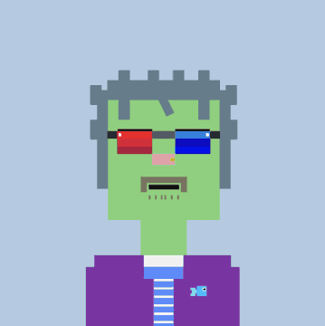 A pixel-art portrait of a green-skinned Frankenstein-like character with a stitched mouth, gray hair, and 3D glasses with red and blue lenses, wearing a purple shirt with a small 'xc' tag.