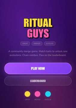 The image features a purple background with white text that reads "Ritual Guys". Below this, there are three different colors of circles representing different types of players: "drop", "match balls", and "leaderboard". The text also mentions that the game is about "match balls to lock rare evolutions" and that it's ready for play.