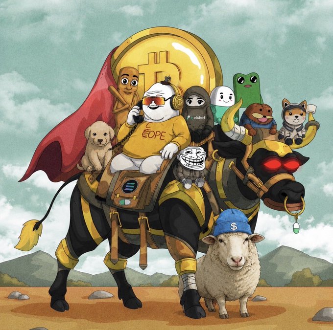 Crypto meme illustration depicting various meme coin characters (DOGE, PEPE, El Chef, WIF, etc.) riding on a black bull with glowing red eyes and a doge sheep in front.