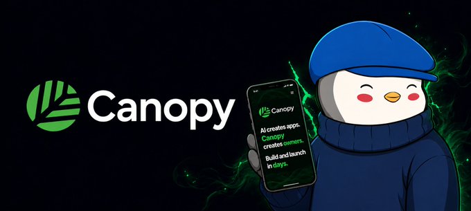 The image features a cartoon penguin wearing a blue hat, holding up an iPhone with the word "Canopy" written on it. The background of the image is black, which contrasts with the white text that reads "Canopy". This design choice makes the text stand out and catch the viewer's attention.