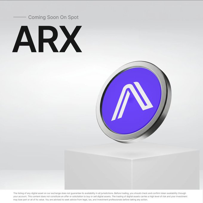 The image features a coin with the letter "A" on it, which appears to be a digital token or cryptocurrency. The coin is displayed against a white background, making it stand out prominently. Below the coin, there's text that reads "ARX coming soon to the #BybitSpot trading platform with @Arcium". This suggests that the image might be related to an advertisement for a new cryptocurrency or token called ARX, which is currently being developed by Arx. The post also mentions that this token will be available on the trading platform once it's ready and that it can be used in various applications across different industries.
