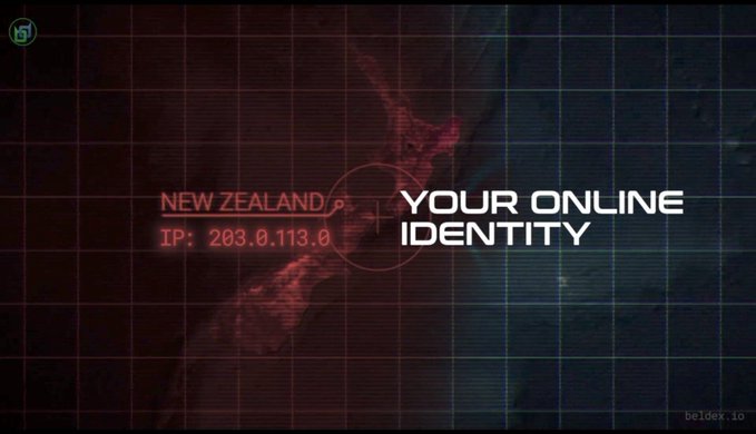 A stylized graphic with a red and blue glitch effect displaying 'NEW ZEALAND IP: 203.0.113.0' next to the text 'YOUR ONLINE IDENTITY', with a 'beldex.io' watermark in the corner.