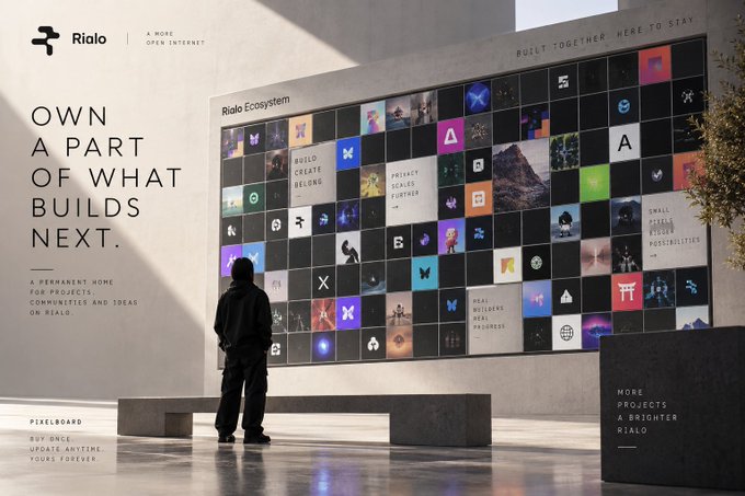 A promotional image for Rialo, featuring a person standing in front of a large 'Rialo Ecosystem' pixelboard display with the tagline 'OWN A PART OF WHAT BUILDS NEXT' and 'BUILT TOGETHER, HERE TO STAY.'