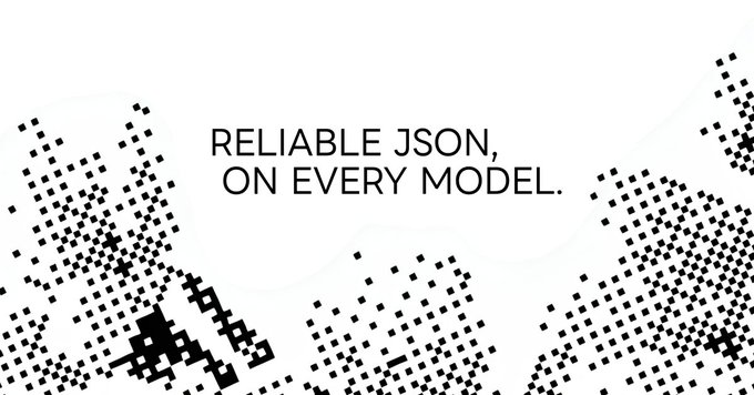A minimalist black-and-white graphic featuring pixelated, data-like clusters scattered across a white background, with bold centered text reading "RELIABLE JSON, ON EVERY MODEL." The design visually reinforces the message about OpenVecta's structured JSON output capabilities, with the fragmented pixel patterns evoking digital data and machine-generated responses.