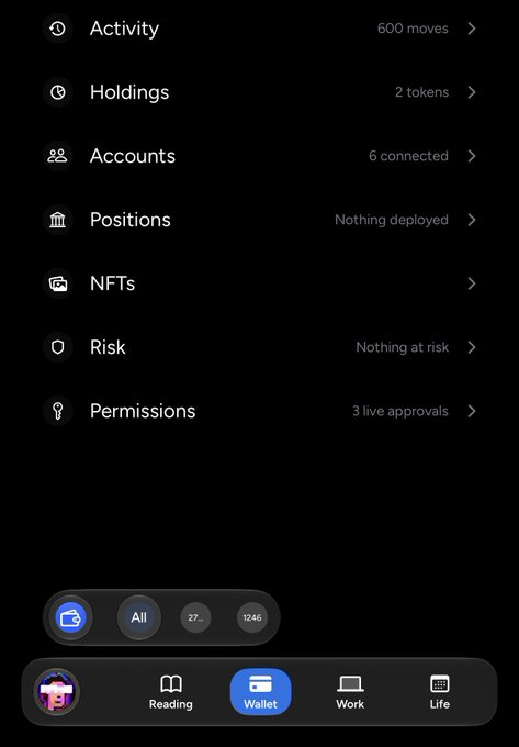 A mobile wallet app interface showing menu options including Activity (600 moves), Holdings (2 tokens), Accounts (6 connected), Positions (Nothing deployed), NFTs, Risk (Nothing at risk), and Permissions (3 live approvals).