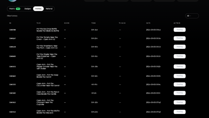 A dark-themed dashboard displaying a 'Filter History' table with tasks including 'Put the Eve Coop bottle beside the MeDo on Bunk,' 'Put the Tomato near the Onion,' and others, all with 'Pending' actions and timestamps from March 5, 2024.