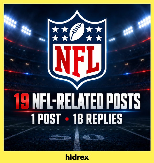 A graphic displays the official NFL logo centered over a football field, with text below stating '19 NFL-RELATED POSTS' and '1 POST • 18 REPLIES', bordered by yellow and watermarked 'hidrex'.