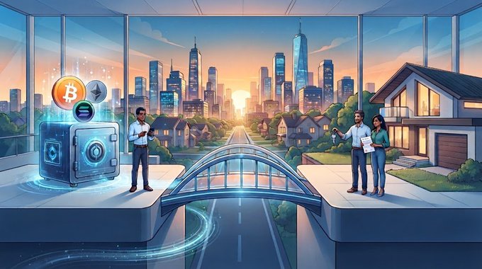 A digital illustration depicts a man standing on smartphones with a safe and cryptocurrency symbols, connected by a bridge to a modern house and city skyline.