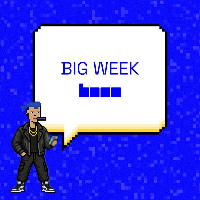 A pixel art character with blue hair, a leather jacket, and a gold chain stands next to a speech bubble reading "BIG WEEK" with three blue blocks beneath the text, set against a vibrant blue pixelated background.