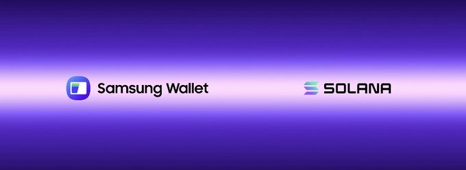 Promotional banner on a purple gradient background featuring the Samsung Wallet logo next to the Solana logo, indicating a partnership.