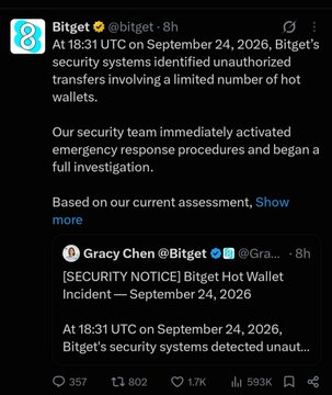 A tweet from Bitget (@bitget) announcing a security incident in which their security team detected unauthorized transfers involving hot wallets at 18:31 UTC on September 24, 2026, triggering emergency response procedures. The image supports the accompanying post about the recent exchange hack, visually confirming Bitget's official notice regarding the security breach.