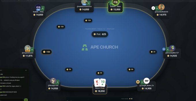 A live poker game interface branded 'APE CHURCH' showing players seated around a blue oval table with a pot of 625, featuring usernames like 'wantsomemore', 'Ovrboi-Odee', and 'BarronTilllll' with chip counts.
