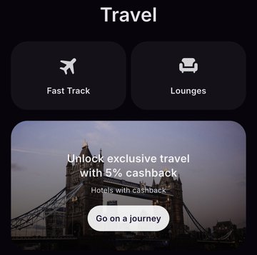 A Travel app interface with options for Fast Track and Lounges, featuring a promotional banner for unlocking exclusive travel with 5% cashback on hotels.