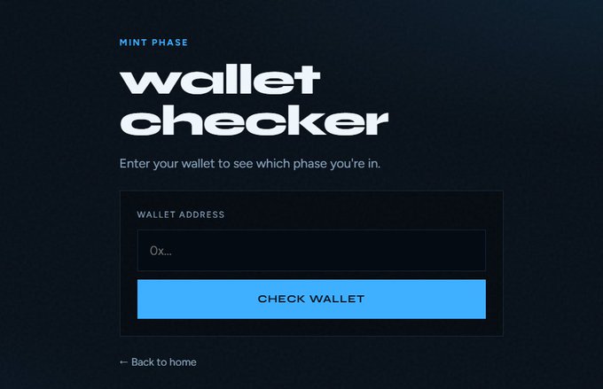 A dark-themed 'wallet checker' interface with a 'MINT PHASE' header, prompting users to 'Enter your wallet to see which phase you're in' with an input field for a 'WALLET ADDRESS' and a 'CHECK WALLET' button.
