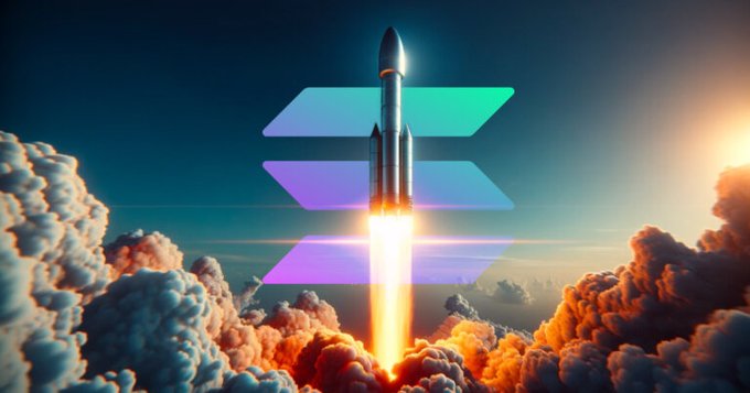 A rocket launches skyward through vibrant purple and blue stacked bars, evoking Solana's logo, as it soars above golden clouds. The image visually reinforces the post's claim of an imminent explosive rise for Solana.