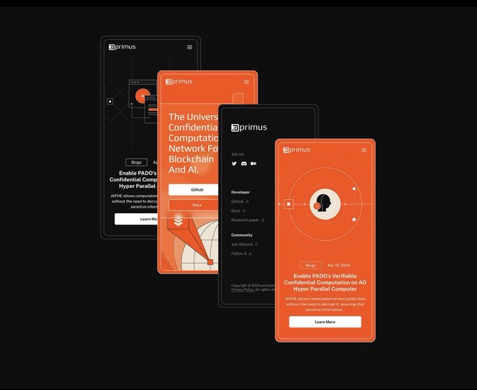 A mockup display of the 'primus' website featuring orange and dark-themed pages about confidential computation, blockchain, and AI, with text including 'Enable PADO's Verifiable Confidential Computation on AO' and 'The Universal Confidential Computing Network'.