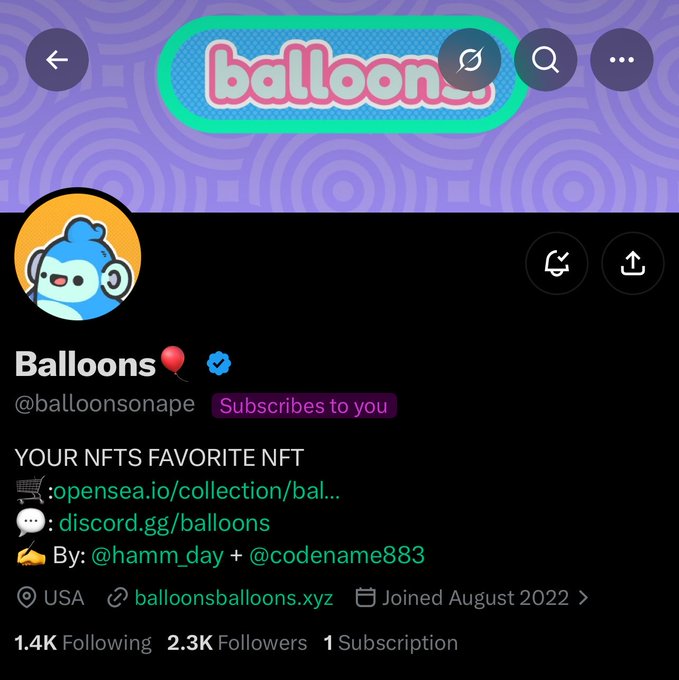 An OpenSea profile page for the 'Balloons' NFT collection (@balloonsonape), verified and subscribed to the viewer, with links to opensea.io/collection/bal... and discord.gg/balloons, by @hamm_day + @codename883, showing 1.4K following and 2.3K followers.