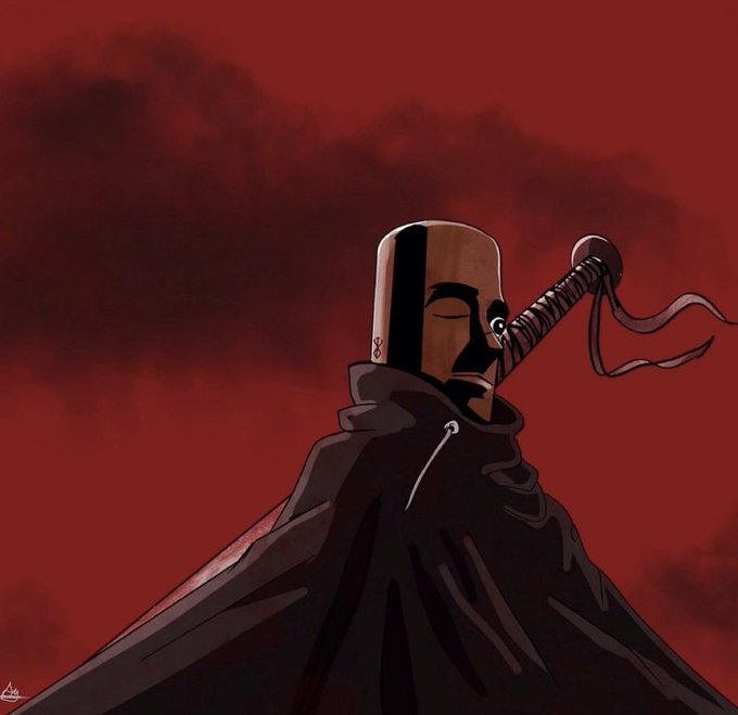 A stylized digital illustration depicts a stoic, masked warrior with a close-shaved head and a sword strapped to his back, cloaked in flowing black against a dramatic crimson sky with dark clouds—evoking the unwavering, battle-ready resolve suggested by the post about the "Great meme wars of 2026" and $TripleT still having more fight left in him.