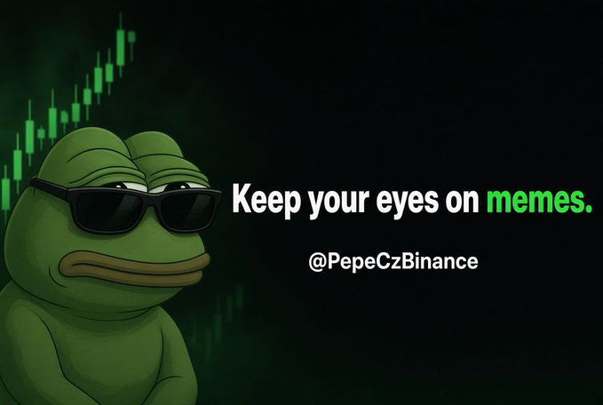 A graphic featuring a cartoon Pepe the Frog wearing sunglasses against a candlestick chart background, with the text "Keep your eyes on memes" and the handle "@PepeCzBinance."