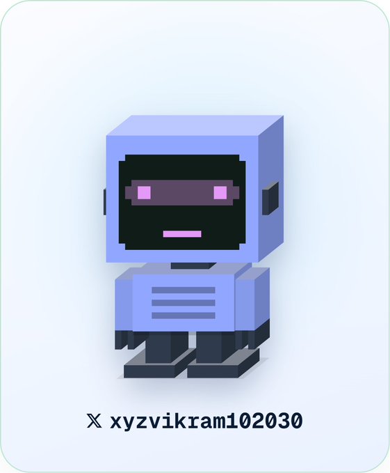 A simple 3D pixel-art style illustration of a small blue robot character with pink eyes, set against a white background with the text 'xyzvikram102030' at the bottom.