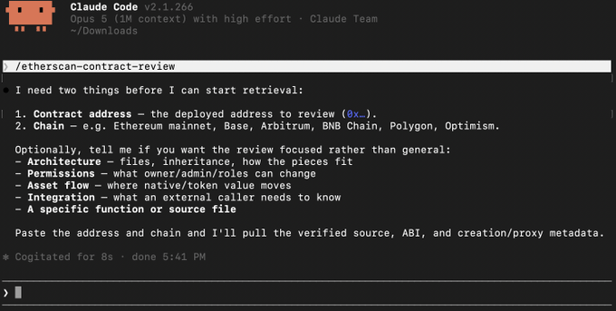 Claude Code v2.1.266 interface showing the `/etherscan-contract-review` command prompt, which requests a contract address and chain (Ethereum, Base, Arbitrum, BNB Chain, Polygon, or Optimism) with optional review focuses like architecture, permissions, or asset flow before retrieving verified source, ABI, and metadata.