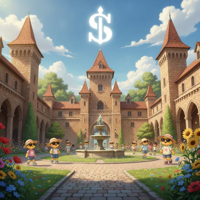 An anime-style illustration of a grand castle or school with a '$' symbol floating above it, cartoon characters, and a fountain in the courtyard.