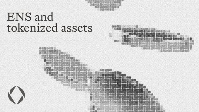 A gray graphic with pixelated shapes featuring the text 'ENS and tokenized assets' alongside a flame-like logo in the bottom left corner.